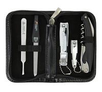 DREI SCHWERTER | Kit de manucure de voyage 5 pièces « Trim & Twist » | Contenu : coupe-ongles, coupe-ongles, pince à épiler, lime à ongles saphir et couteau de sommelier avec tire-bouchon dans un étui