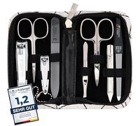DREI SCHWERTER - Kit de manucure « Roma » - Étui à ongles avec 8 instruments : ciseaux à ongles, ciseaux à cuticules, coupe-ongles pied/doigts, cure-ongles, pince à épiler, lime à ongles en verre,