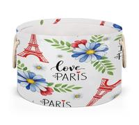 Drekrid Grands paniers de rangement ronds - I Love Paris Floral - Boîte à linge pliable pour jouets d'enfants, couverture, chambre à coucher, salon, décoration d'intérieur, panier cadeau, 50 x 34 cm