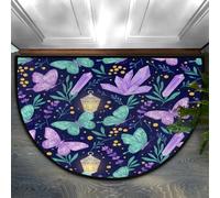 Drekrid Paillasson Demi-Rond Lavable et antidérapant pour entrée, Demi-Cercle - Motif Papillon et Cristal - pour Salle de Bain, Cuisine, buanderie, Chambre à Coucher - 90 x 60 cm