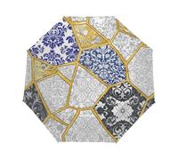 Drekrid Parapluie de voyage pour la pluie - Parapluie Kintsugi en céramique bleu noir coupe-vent compact pliable à l'envers pour enfants et femmes, joli petit parapluie à ouverture automatique pour