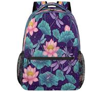 Drekrid Sac à dos d'école, sac de voyage pour garçons et filles, motif libellules de lotus, sac à dos léger pour ordinateur portable de 15,6" pour homme et femme, étudiants, collège, lycée