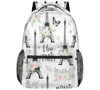 Drekrid Sac à dos d'école, sac de voyage pour homme et femme - Tour Eiffel à fleurs - Sac à dos léger pour garçons et filles - Sac à dos pour ordinateur portable de 15,6" pour étudiants, collège