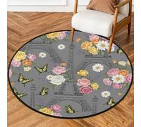 Drekrid Tapis rond lavable et antidérapant pour salon, chambre à coucher, canapé, sous la table à manger, motif fleurs de Paris, papillons et cercles - 160 cm