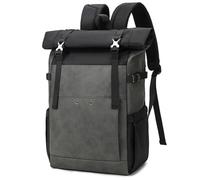 DremFreo Sac à Dos Roll-Top pour Ordinateur Portable 15,6 Pouces Sac Urbain en Cuir PU Tissu Oxford 47×29×15 cm pour Travail & Déplacements bg512 (Gris Anthracite)
