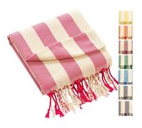 DremFreo Serviette de Plage Coton Fouta de Plage Rayures Tissées sur Fond Blanc Cassé Léger Séchage Rapide 100 x 180 cm Paréo Plage, Yoga, Voyage, Piscine (1, Rose Baie)