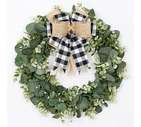 Dremilsand Couronne d'eucalyptus Artificiel Couronne de Porte Couronne de Feuilles Vertes Faux Guirlande d'Eucalyptus Vertes Couronne de Buffle Carreaux Décor pour Porte Mur fenêtre Maison, 41cm