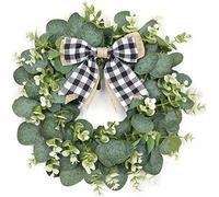 Dremilsand Couronne d'eucalyptus Artificiel Couronne de Porte Couronne de Feuilles Vertes Faux Guirlande d'Eucalyptus Vertes Couronne de Buffle Carreaux Décor pour Porte Mur fenêtre Maison, 30cm