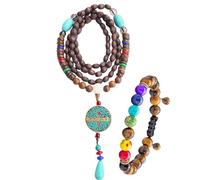 DREMINOVA Collier de perles bohème pour femme - Long pendentif bohème Mala en bois - Fil en bois - Pompon - Collier bohème pour femme, Bois et pierre, Turquoise