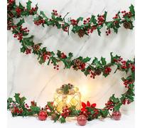 Dremisland 175cm Guirlande de Noël avec Baies Rouges Et Pomme de Pin Couronne de Noel Guirlande Sapin Artificiel Guirlande Feuille pour Cheminée D'escaliers de Noël Portes Fenêtres Escaliers