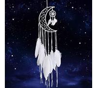 Dremisland Blanc Attrape-rêves Main Lune Conception avec Plumes Dream Catcher Tenture Murale Décoration de La Maison Ornement Festival Artisanat Cadeau (Blanc)