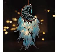 Dremisland Capteur de rêves Lune avec LED Lumière Faite Main Mobiles Attrape-Rêves Turquoise Pendentif Tenture Murale Ornement pour Maison Chambre Décoration Murale Artisanat Cadeau