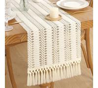 Dremisland Chemin de Table Broderie Boho 30x180 cm acramé Chemin de Table en Lin Rustique à Franges Motif Ajouré Tissé Vintage Table Decoration pour Mariage Fête des Vacances (30x240 cm)