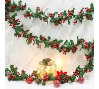 Dremisland Lot de 2 Guirlande de Noël avec Baies Rouges et Pomme de Pin 175cm Couronne de Noel Guirlandes Sapin Artificiel Guirlande Feuille pour Cheminée D'escaliers de Noël Portes Fenêtres Escaliers