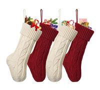 Dremisland Lot de 4 Bas de Noël, 38cm Tricot Chaussettes de Noël Rustique Personnalisé Bas de Chaussettes Suspendues Sac Cadeau de Fête de Noël pour Enfants Garçons Filles, Crème et Bordeaux