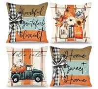 Dremisland Lot de 4 Housses de Coussin Automne 45 x 45 cm Orange Citrouille Camion Autumn Décoratif Taie d'oreiller Halloween Décoration pour Halloween Thanksgiving fête des récoltes Chambre