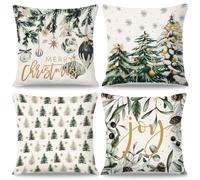 Dremisland Lot de 4 Housses de Coussin de Noël 40 x 40 cm Taies d'oreiller D’Hiver en Lin Deco Noel Interieur Maison Motif Arbre de Noël Flocon de Neige Pomme de Pin Housse Coussin Noel pour Canapé