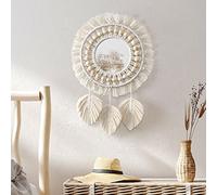 Dremisland Miroir mural à suspendre - Style bohème - Avec franges en macramé - Miroir décoratif rond avec perles en bois et pendentif plume - Décoration artistique pour appartement, maison, chambre à