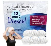 Drench! Bonnet de Shampoing Sans Rinçage - Lot de 12 Charlottes Lavantes pour Cheveux Sans Eau et Sans Rincage - Bonnet avec Aloe Vera Vitamine E Pro Vitamine B5
