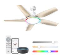 DREO ventilateur de plafond intelligent à profil bas avec lumière 132 cm, LED dimmable à température de couleur réglable, éclairage d’ambiance RGB, moteur CC silencieux, installation facile, blanc，APP