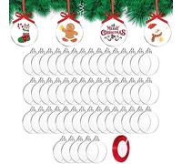 DRERIO 50 pcs Boules de Noël en Acrylique Transparent avec Ruban, Boules Plates pour Artisanat, Disques Acryliques Transparents pour Décoration de Sapin de Noël, 7.6x7.6cm