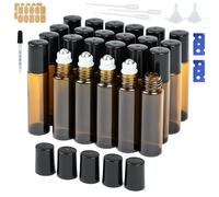DRERIO Lot de 24 bouteilles en verre roll-on vides de 10 ml pour huile essentielle, avec rouleau en acier inoxydable, entonnoir, ouvre-bouteille, étiquettes