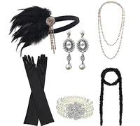 DRESHOW 1920s Accessoires Gatsby Costume Set pour Femmes Bandeau Flapper Collier Gants Charleston Accessoires pour La Mascarade Halloween Noël