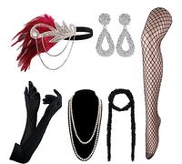 DRESHOW 1920s Accessoires Gatsby Costume Set pour Femmes Bandeau Flapper Collier Gants Charleston Accessoires pour La Mascarade Halloween Noël