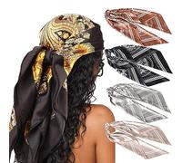 DRESHOW 4 Pack Femmes Grand Foulards Carrés Satin Foulards Cheveux Accessoires Soie Carrés Motifs Classiques Bandanas Plage