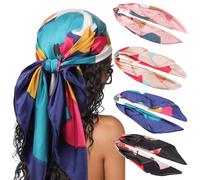 DRESHOW 4 Pack Femmes Grand Foulards Carrés Satin Foulards Cheveux Accessoires Soie Carrés Motifs Classiques Bandanas Plage