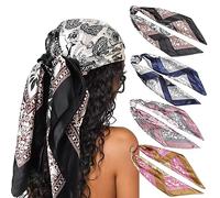 DRESHOW 4 Pack Femmes Grand Foulards Carrés Satin Foulards Cheveux Accessoires Soie Carrés Motifs Classiques Bandanas Plage