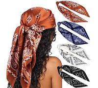 DRESHOW 4 Pack Femmes Grand Foulards Carrés Satin Foulards Cheveux Accessoires Soie Carrés Motifs Classiques Bandanas Plage