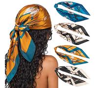 DRESHOW 4 Pack Femmes Grand Foulards Carrés Satin Foulards Cheveux Accessoires Soie Carrés Motifs Classiques Bandanas Plage