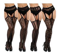 DRESHOW 4 Paires Femme Sexy Élastique Collants Taille Haute Filets de Pêche Bas Résille Cuisse Haut Bas Collants