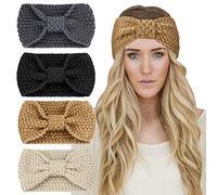 DRESHOW 4 Pièces Bandeau Cheveux pour Femme Bandeaux Hiver Serre-Tête Tricoté Oreille Réchauffeur Chaud Noué Bande Elastique Cheveux,Taille unique,Multicolore-Noir, Marron, Gris, Blanc