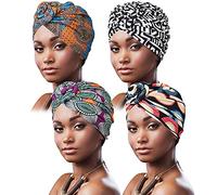 DRESHOW 4 Pièces Turban Africain pour Femme Bonnet Pré-noué Bonnet Chimio Casquette de Perte de Cheveux Chapeau