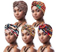DRESHOW 5 Pièces Turban Africain pour Femme Bonnet Pré-noué Bonnet Chimio Casquette de Perte de Cheveux Chapeau
