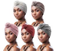 DRESHOW 5 Pièces Turban Africain pour Femme Bonnet Pré-noué Bonnet Chimio Casquette de Perte de Cheveux Chapeau