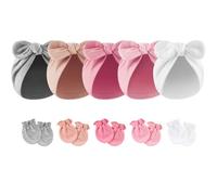 DRESHOW Bébé Turban Bonnets de Naissance Chapeaux Nœuds Ensemble de Moufles Chapeau Hospitalier Bonnet Bébé Chapeau Gants en Coton 0-12 Mois
