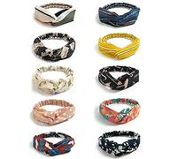 DRESHOW Boho Bandeaux pour Femmes Vintage Fleur Imprimé Criss Cross Noué Élastique Bande De Cheveux Stretchy Head Wrap Twisted Mignon Accessoires De Cheveux 10 Pack