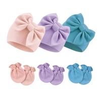 DRESHOW Bonnet de Naissance et Moufles Ensemble Fille Bonnet Bébé Coton | Gants Bébé coton, Bonnets Bébés avec Nœud, Doux, Respectueux de la Peau, pour les 0-6 Mois, Bonnet de Sortie de Maternité
