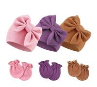 DRESHOW Bonnet de Naissance et Moufles Ensemble Fille Bonnet Bébé Coton | Gants Bébé coton, Bonnets Bébés avec Nœud, Doux, Respectueux de la Peau, pour les 0-6 Mois, Bonnet de Sortie de Maternité