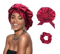 DRESHOW Bonnet de Satin Tressé pour Femme - Bonnet de Sommeil avec Bande Elastique - Pour Cheveux Longs et Bouclés Locs - Burgundy