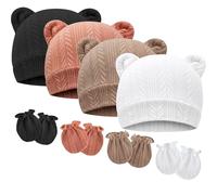 DRESHOW Bonnets de Naissance et Moufles de Protection Bébé Gants Bonnet Nouveau-né Bambin Doux Mignon Tricoté Chapeau 0-6 Mois, Taille Unique,4 Sets: Bear Ears Hats & Mittens 06UK