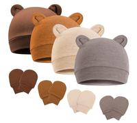 DRESHOW Bonnets de Naissance et Moufles de Protection Bébé Gants Bonnet Nouveau-né Bambin Doux Mignon Tricoté Chapeau 0-6 Mois, Taille unique,4 Sets: Bear Ears Hats & Mittens 04UK