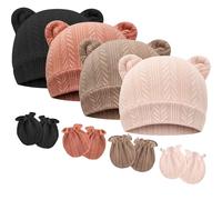 DRESHOW Bonnets de Naissance et Moufles de Protection Bébé Gants Bonnet Nouveau-né Bambin Doux Mignon Tricoté Chapeau 0-6 Mois, Taille Unique,4 Sets: Bear Ears Hats & Mittens 06UK