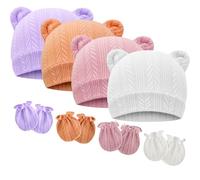 DRESHOW Bonnets de Naissance et Moufles de Protection Bébé Gants Bonnet Nouveau-né Bambin Doux Mignon Tricoté Chapeau 0-6 Mois, Taille Unique,4 Sets: Bear Ears Hats & Mittens 06UK