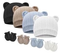 DRESHOW Bonnets de Naissance et Moufles de Protection Bébé Gants Bonnet Nouveau-né Bambin Doux Mignon Tricoté Chapeau 0-6 Mois, Taille Unique,4 Sets: Bear Ears Hats & Mittens 03UK