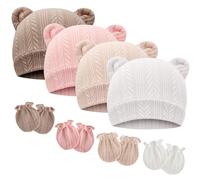 DRESHOW Bonnets de Naissance et Moufles de Protection Bébé Gants Bonnet Nouveau-né Bambin Doux Mignon Tricoté Chapeau 0-6 Mois, Taille Unique,4 Sets: Bear Ears Hats & Mittens 01UK