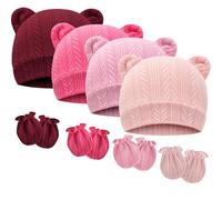 DRESHOW Bonnets de Naissance et Moufles de Protection Bébé Gants Bonnet Nouveau-né Bambin Doux Mignon Tricoté Chapeau 0-6 Mois, Taille Unique,4 Sets: Bear Ears Hats & Mittens 06UK